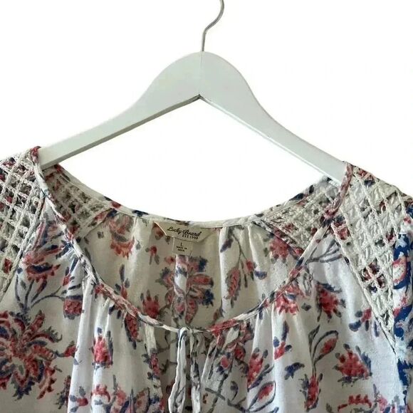 Lucky Brand Blue Red White Boho Paisley Floral Pattern Short Sleeves Blouse L - Picture 3 of 11